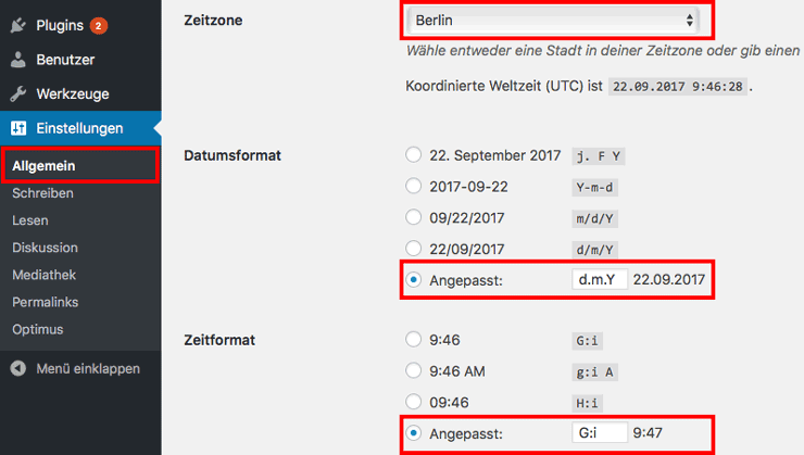 Datum und Uhrzeit einstellen mit WordPress